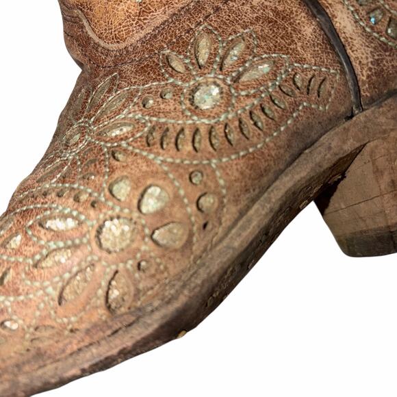 Corral Brown Leather Turquoise Glitter Inlay & Stitching Boots Snip Toe A3352 7M - Picture 8 of 16